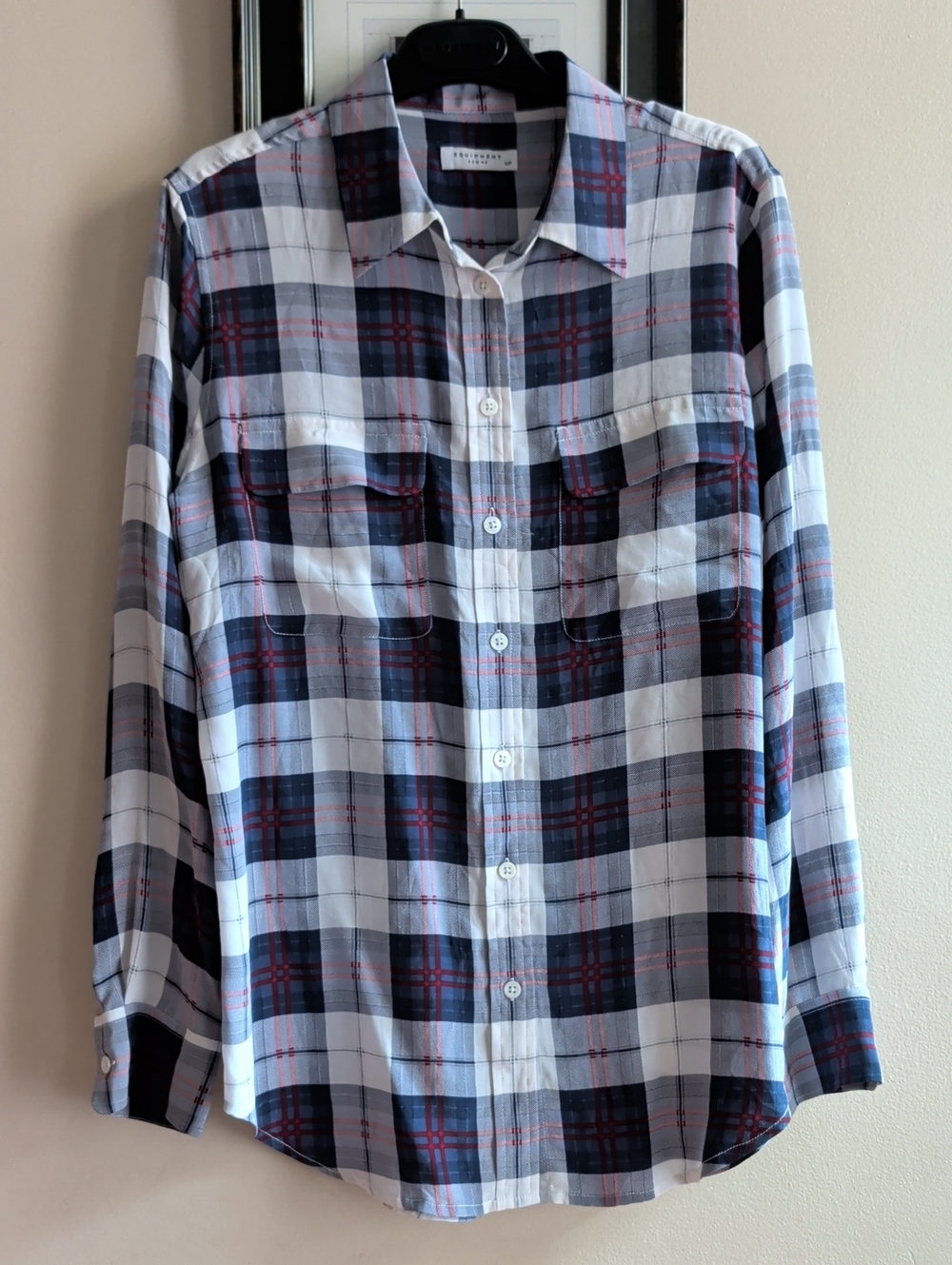 Equipment Plaid Button-Down Silk Shirt - Navy, White & Red